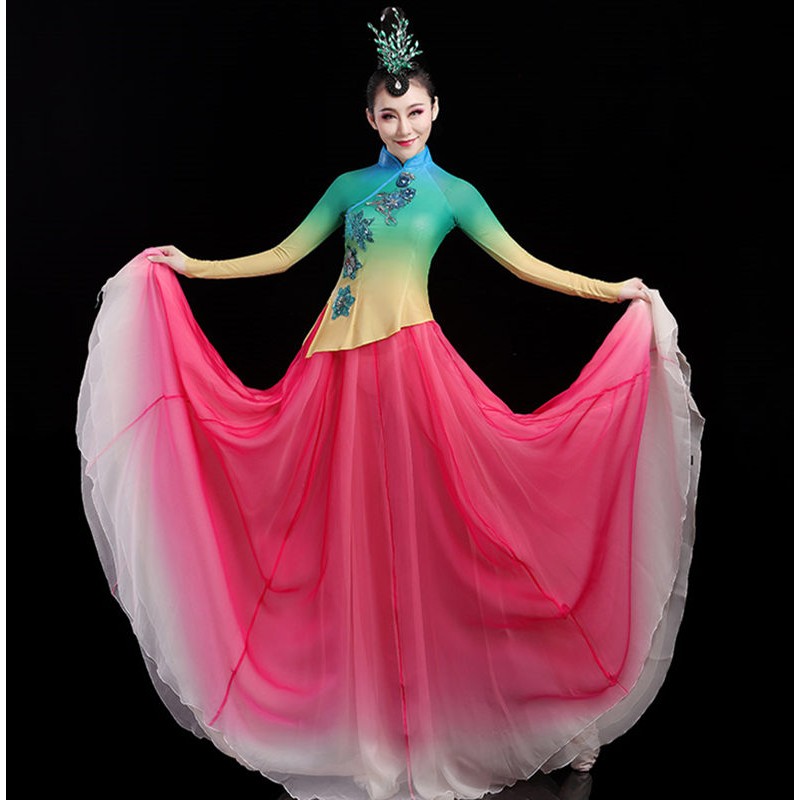 Women's traditional chinese fairy folk dance dresses classical yangko umbrella dance dresses