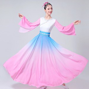 Women's traditional Chinese folk dance dresses ancient for female pink blue gradient fairy yangko fan dance dresses costumes