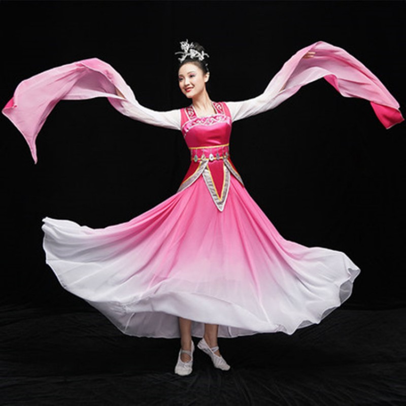 Women's water sleeves pink gradient chinese folk dance dresses hanfu fairy tradtional classical ancient fan umbrella dance dress
