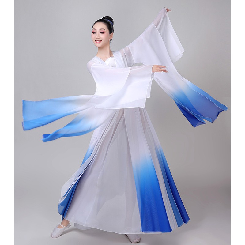 Women's white with blue chinese folk dance costumes hanfu fairy dress classical dance dress stage performance drama cosplay dress
