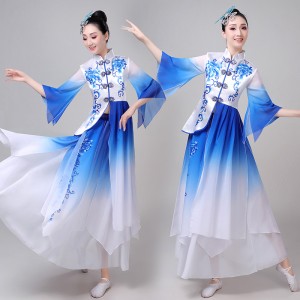 Women's white with blue colored chinese folk dance costumes ancient traditional classical yangko fan umbrella dance costumes