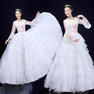 Women's white with sequin fairy drama cosplay dress opening dance dresses chorus dress stage performance singers dresses