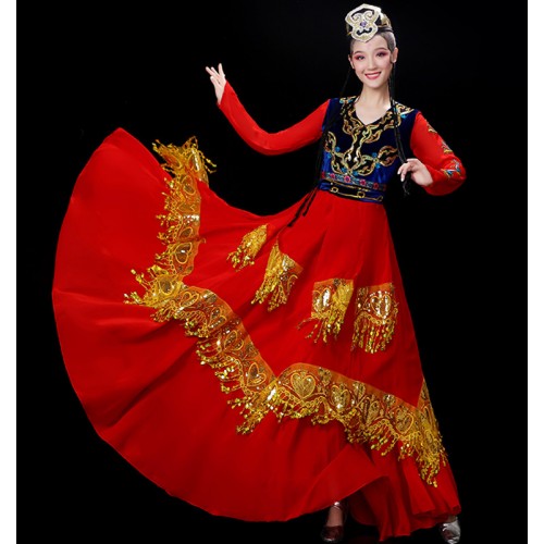 Xinjiang dance Dresses for women chinese folk dance costumes female ethnic style Uygur opening dance big swing skirt chinese performance costume
