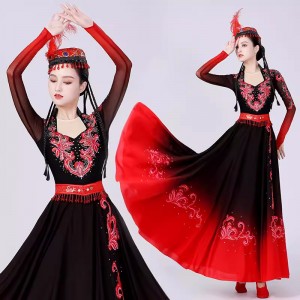 Xinjiang dance dresses for women girls Red black gradient chinese folk dance costumes Female stage preformance Uyghur art test long swing skirts for famle