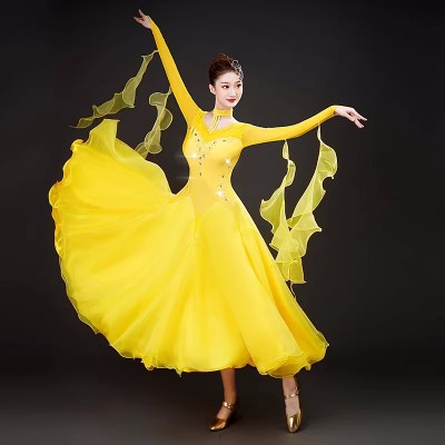 Yellow ballroom dance dresses for women girls gemstones glitter shinny waltz tango foxtrot smooth dance long gown for female