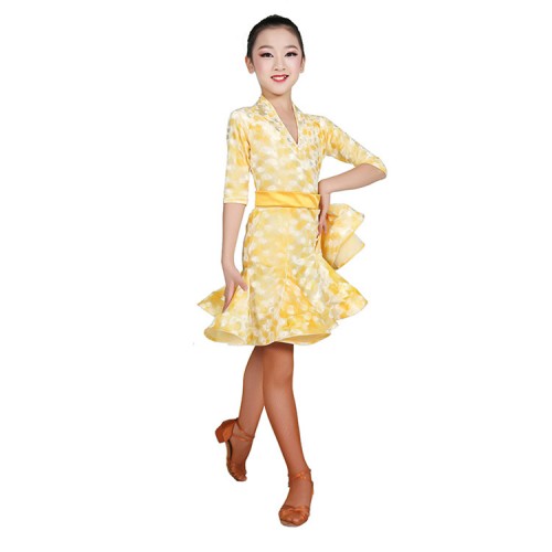 Yellow competition stage performance latin dancing dresses for girls kids children gold velvet professional samba salsa dancing costumes
