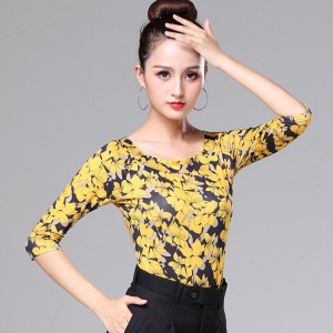 Yellow floral latin dance tops competition stage performance  ballroom waltz tango professional salsa chacha rumba dance tops 