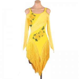 Yellow flowers competition latin dance dresses for women girls salsa rumba chacha stage performance costumes latin dance skirts for female