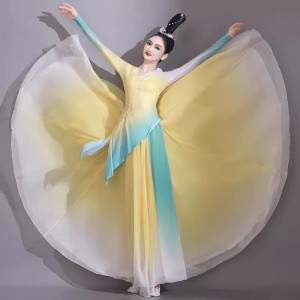 Yellow gradient chinese folk dance costumes for women girls opening dance choir performance dresses fairy hanfu flowing classical dance Han Tang Dynasty  ancient performance clothes