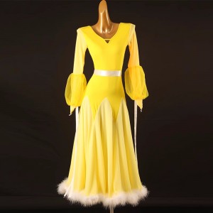 Yellow royal blue red with white feather ballroom dance dresses for girls kids waltz tango long skirts xmas party modern dance long gown for children