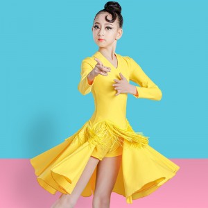 yellow  wine black Latin Dance Dress for Girls Training Dress tassel skirt V-neck dance dress children long sleeve performance dress