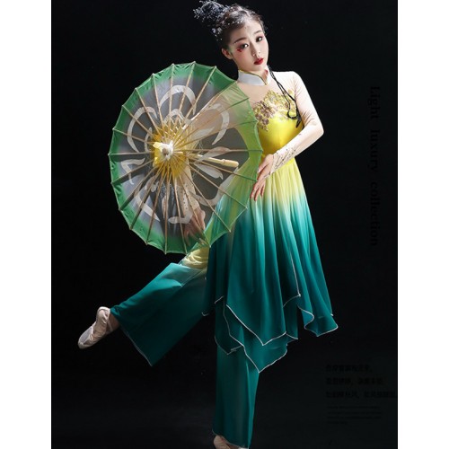 Yellow with green gradient chinese folk dance dresses for women girls china traditional yangko fairy princess umbrella fan classical dance costumes for female