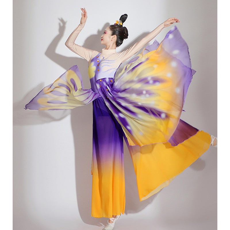 Yellow with purple chinese classical folk dance dress traditional