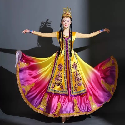 Yellow Xinjiang Uygur dance dresses women's opening dance big swing skirt ethnic Uygur minority art test exercise competition costume