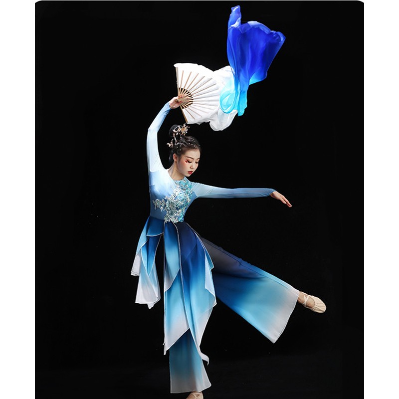 Young girls Blue gradient chinese folk Classical dance costumes solo dance  Yangge fan umbrella dance dresses National umbrella dance suit for women-  Material:polyester and chiffonContent: only dress with pants